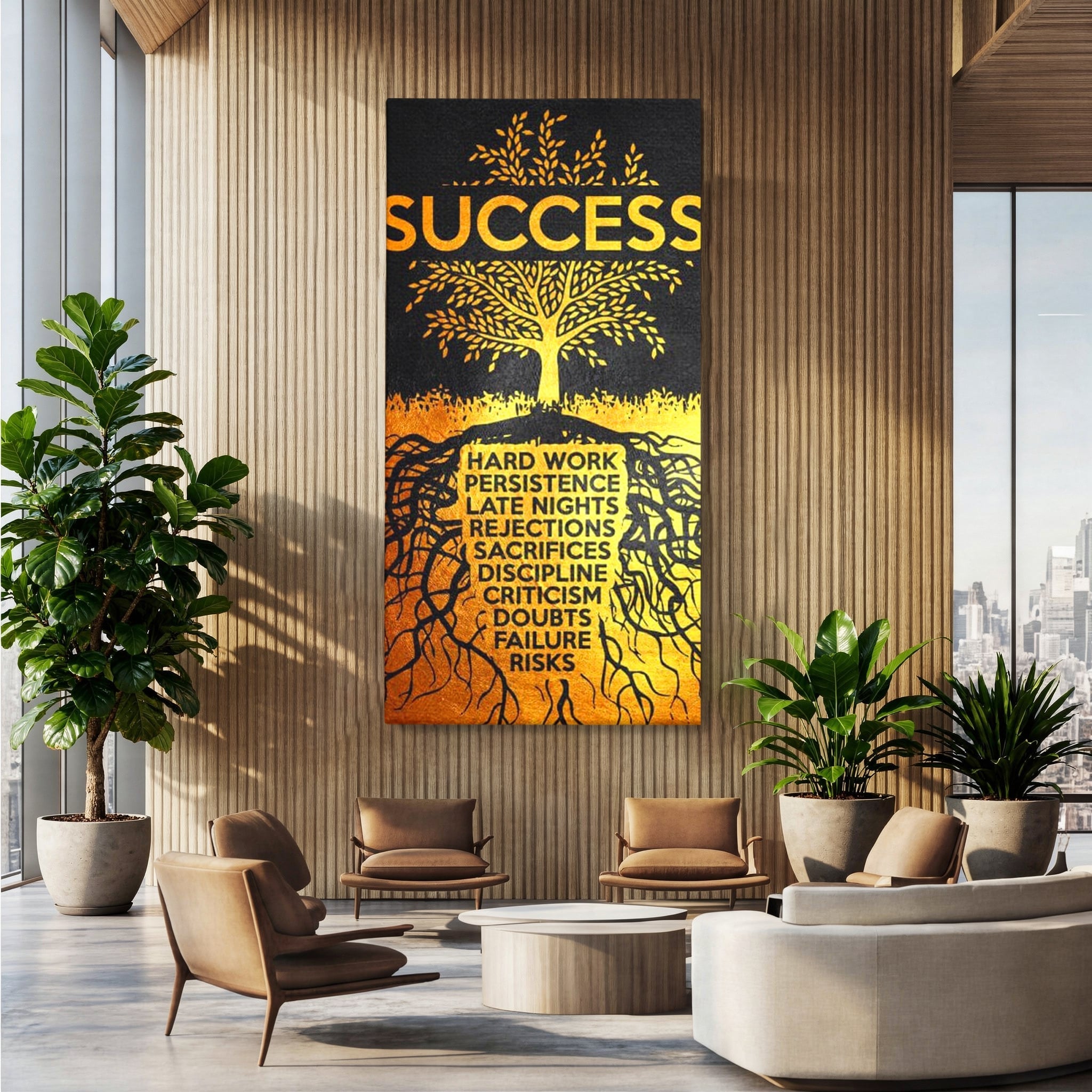 Tablou canvas cu tablou motivational cu arborele succesului, fara rama, pe sasiu de lemn, pe perete intr-un birou